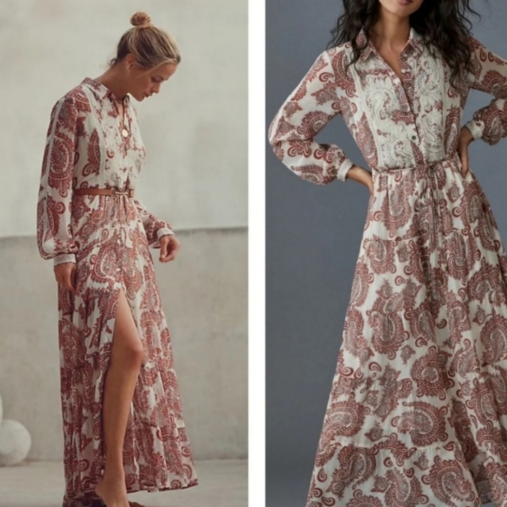 Anthropologie White and Rust Paisley Maxi Dress